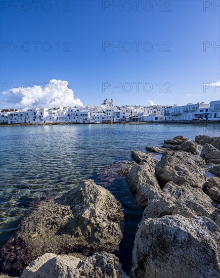 Local view of Naoussa town and blue sea