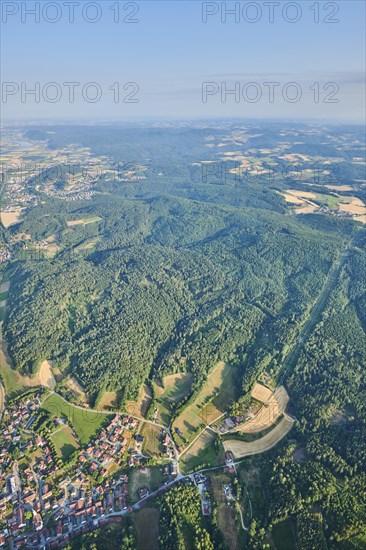 Aerial view over the fields and forests near Woerth an der Donau