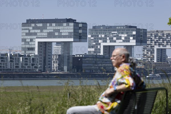 Senior couple sitting on a bench on the banks of the Rhine in front of the crane houses in Cologne's Rheinauhafen harbour on the other bank