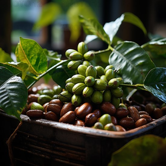 Coffee beans fresh and roasted Coffee beans on a plantation