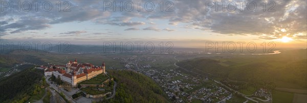 Aerial view of Goettweig Abbey and sunrise over the Danube