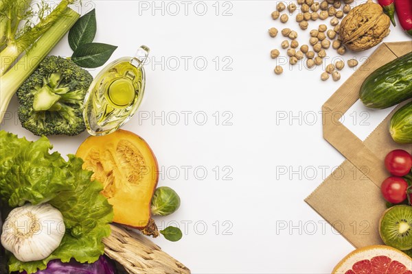 Flat lay assortment vegetables with copy space