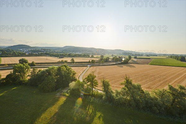 Aerial view over the fields and forests near Woerth an der Donau