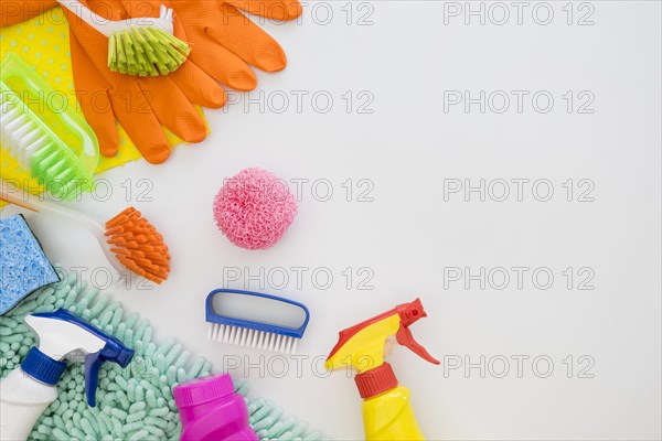 Top view cleaning equipment with copy space