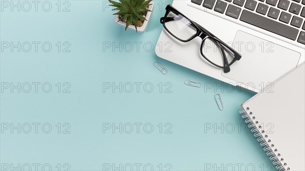 Cactus plant paper clips eyeglasses spiral notepad near laptop