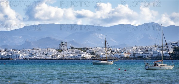 Local view of Naoussa town and blue sea