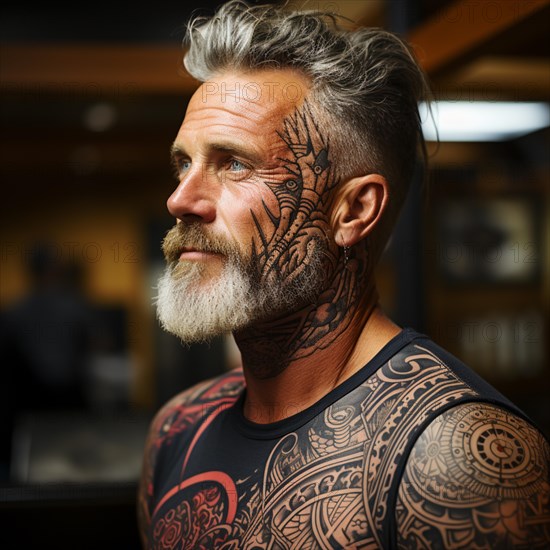 Man with tattoos on upper body on the beach and beach club