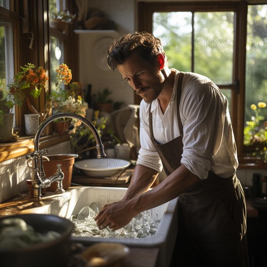 Father in the kitchen washing up plates and glasses