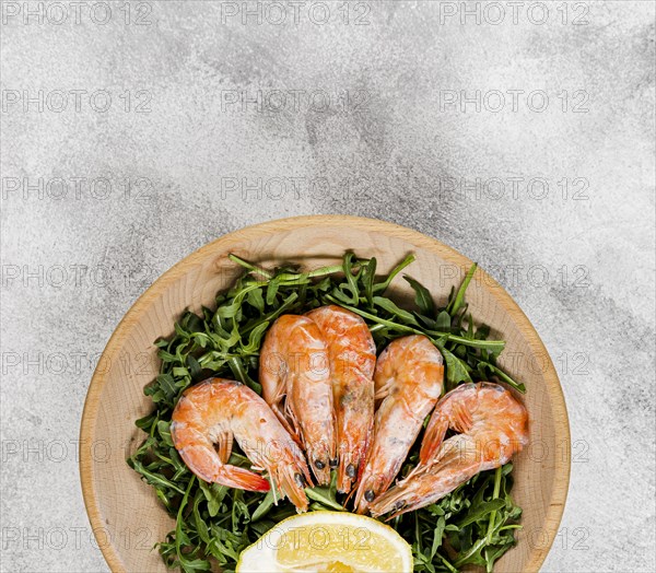 Top view plate with salad shrimp