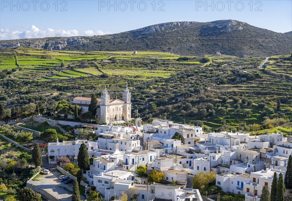 View over the village of Lefkes with white Cycladic houses