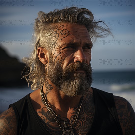 Man with tattoos on upper body on the beach and beach club