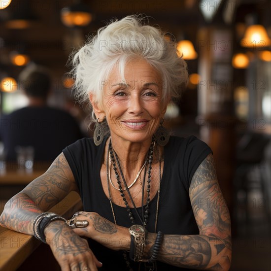 Woman with tattoos on torso at the beach and beach club