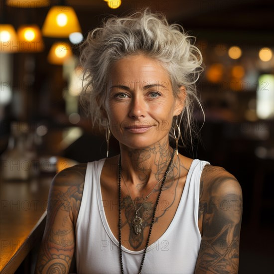 Woman with tattoos on torso at the beach and beach club