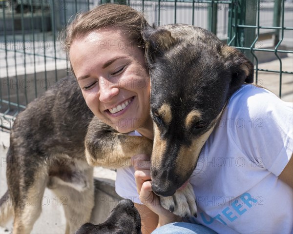 Smiley woman playing with cute dog up adoption