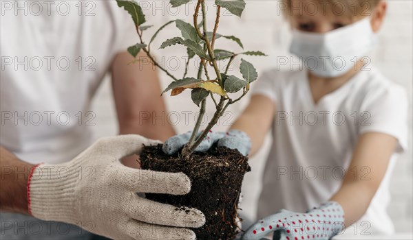 Father son wearing medical masks learning about planting