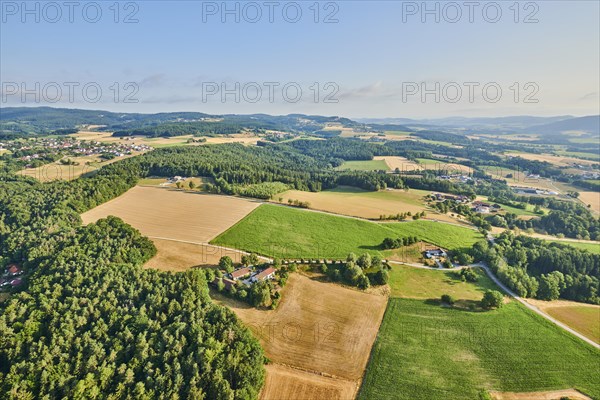 Aerial view over the fields and forests near Woerth an der Donau