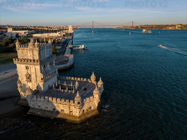 Aerial view of Belem Tower famous tourist landmark of Lisboa and tourism attraction on the bank of the Tagus River