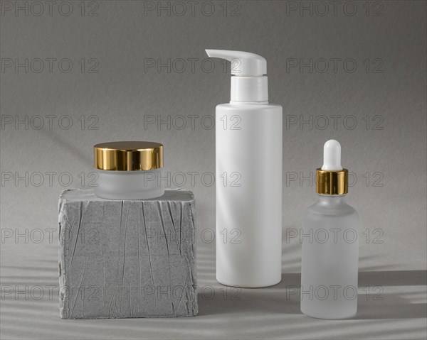 Front view skin products different recipients arrangement