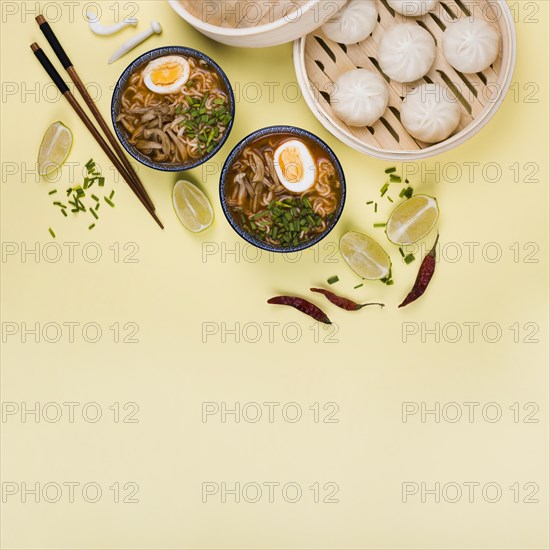 Top view ramen bowls dim sum