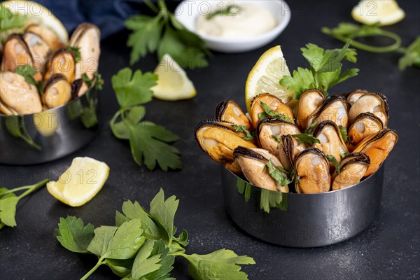 Close up tasty mussels with parsley