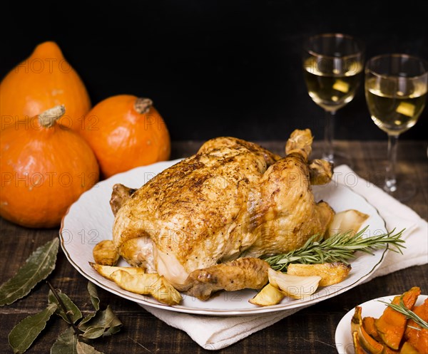 High angle roasted chicken plate thanksgiving dinner