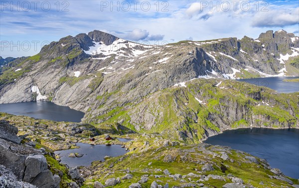 Mountain landscape with Munkebu mountain hut and small lakes