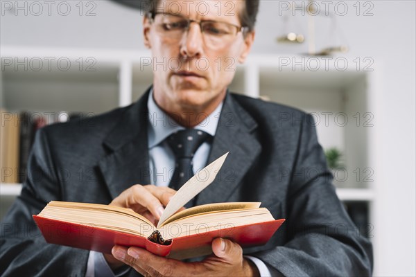 Mature male judge reading book courtroom