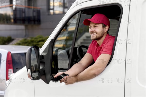 Delivery man car with mobile