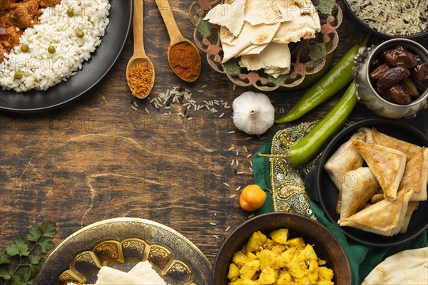 Indian food assortment with sari top view