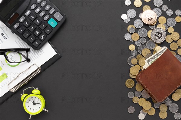 Top view desk with financial instruments