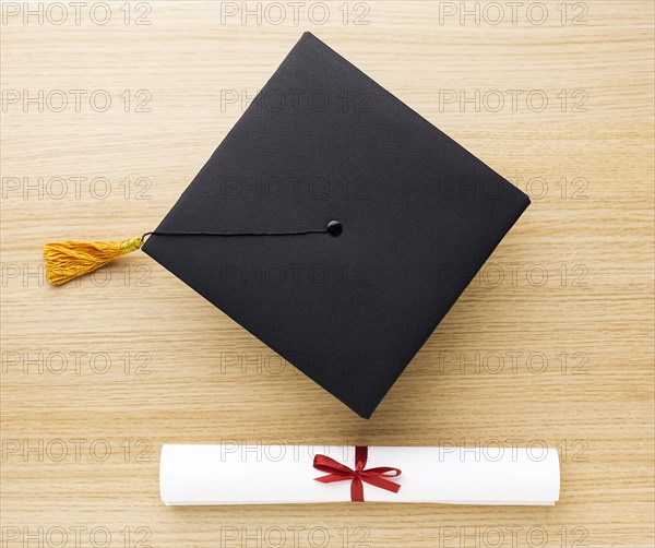 Top view academic cap diploma