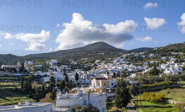 View over the village of Lefkes with white Cycladic houses