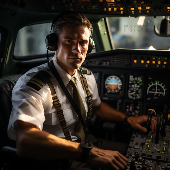 Proud pilots sit in the cockpit of their plane