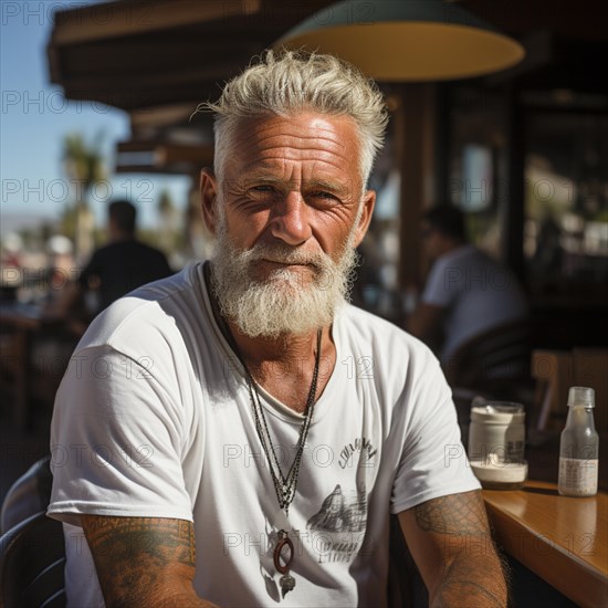 Man with tattoos on upper body on the beach and beach club