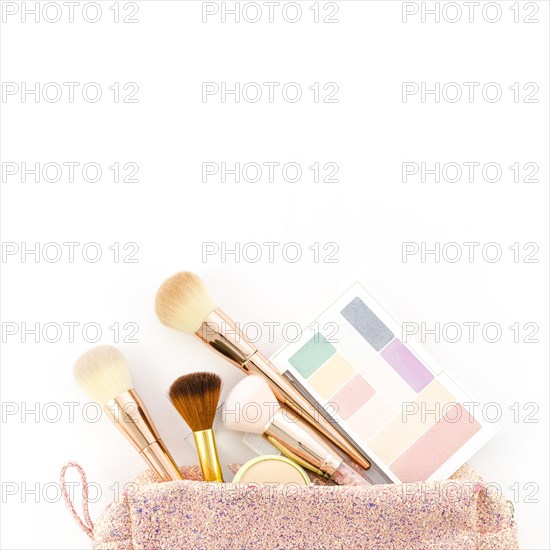 Top view make up brushes toilet bag