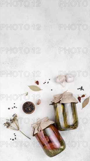 Jars with pickled vegetables copy space