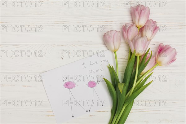 Flowers bunch child drawing wooden desk