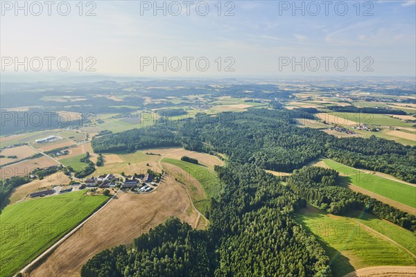 Aerial view over the fields and forests near Woerth an der Donau
