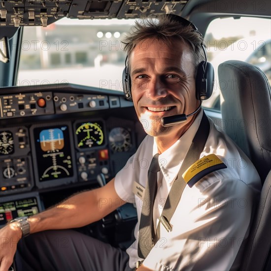 Proud pilots sit in the cockpit of their plane