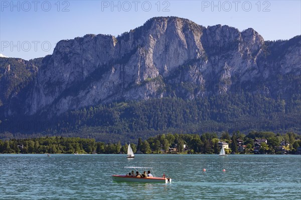 Electric boats on Lake Mondsee with Drachenwand