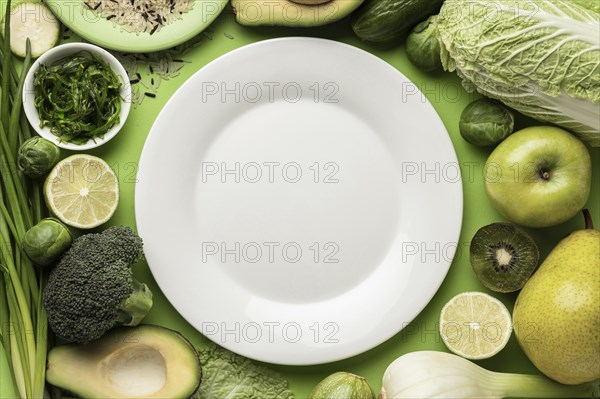 Top view plate with green vegetables