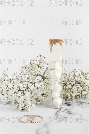Gypsophila flowers wedding rings marshmallow test tube white background