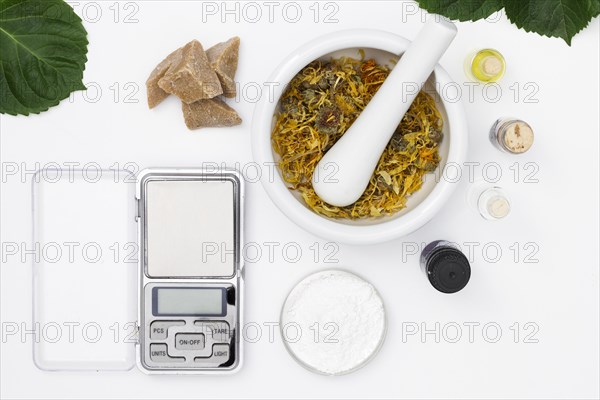 Natural herbs with scales scented oils bottles