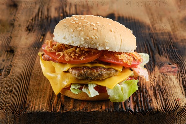 Burger beef demi glace with onion crumbs on wooden background