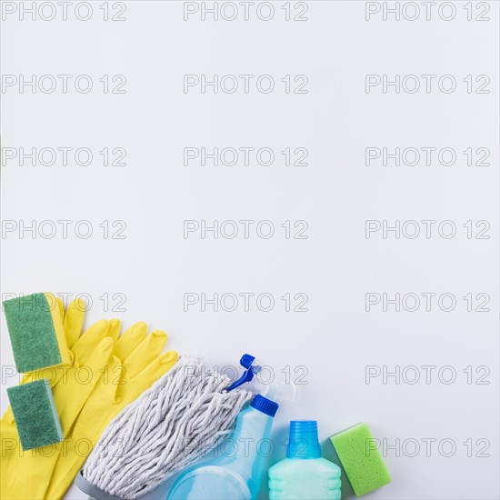High angle view cleaning products grey background