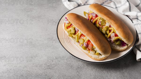 High angle hot dogs plate with copy space