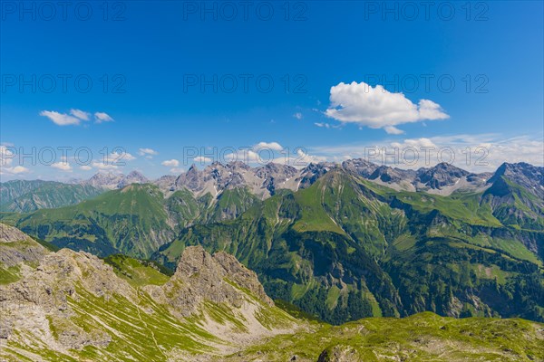 Mountain panorama from the Krumbacher Hoehenweg to the Allgaeu main ridge