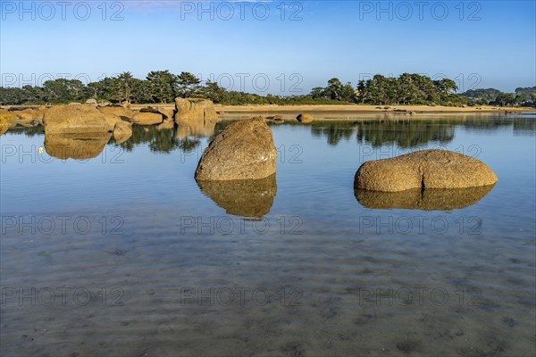 The rocks of the pink granite coast Cote de Granit Rose at the Baie de Sainte Anne near Tregastel