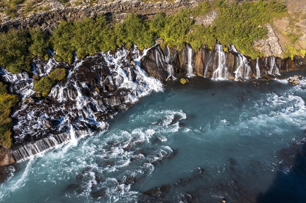 Hraunfossar waterfalls with river Hvita in summer