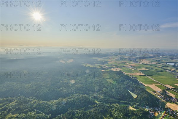 Aerial view over the fields and forests near Woerth an der Donau